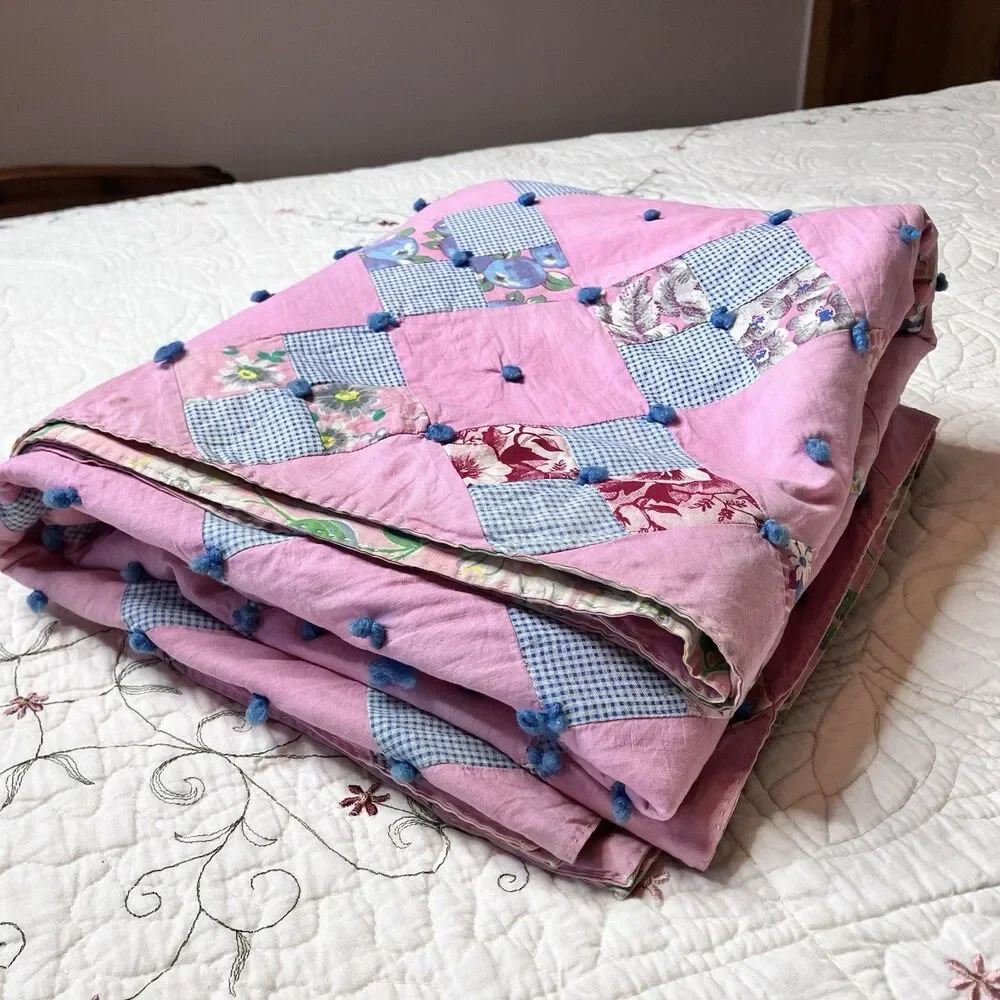 Vtg Handmade Baby Crib Quilt Blanket 48x48" Scrap Pink 4-Square Cotton Patchwork - Picture 3 of 9